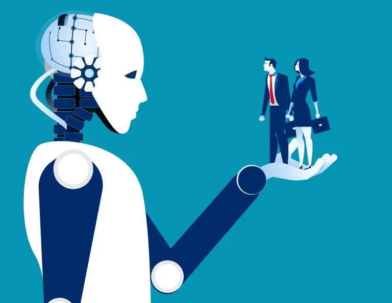 robotic hand holding business people